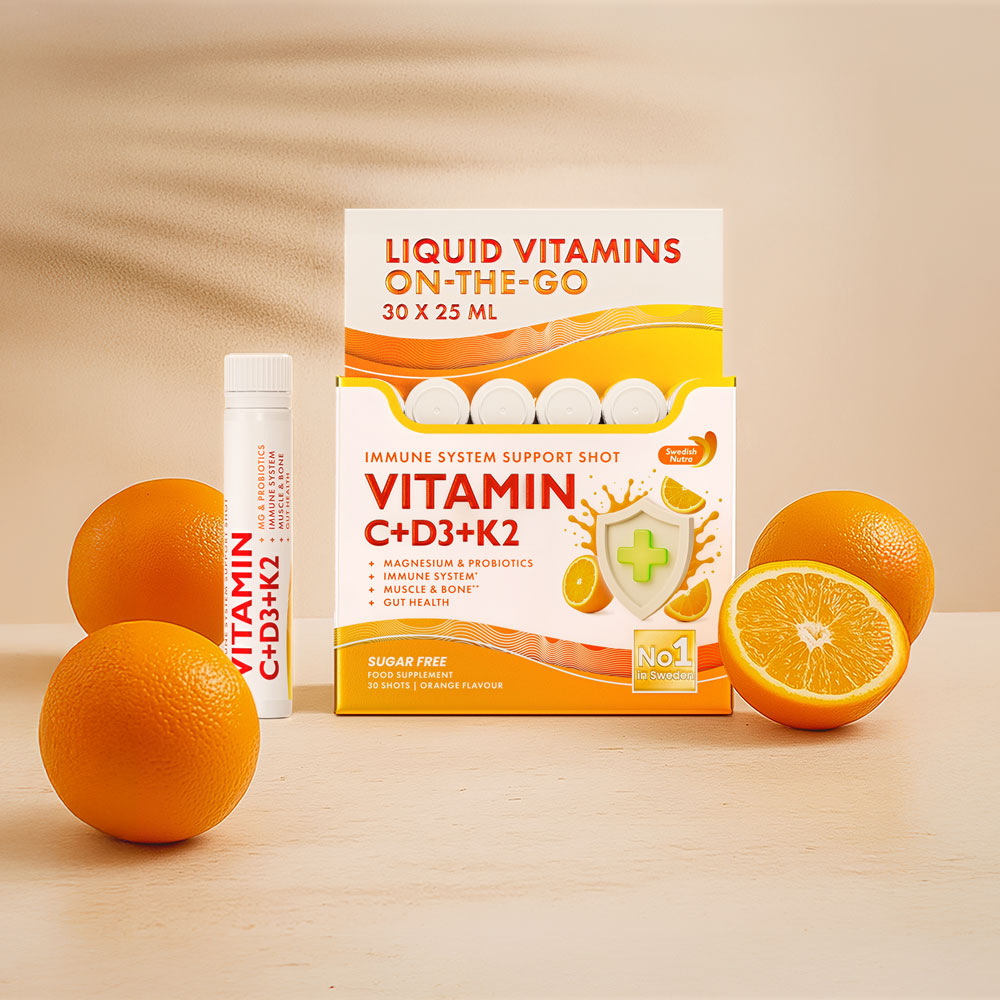 Swedish Nutra Vitamin C + D3 + K2 + Mg + Zn + Probiotics – 30 × 25 ml – Produktfoto